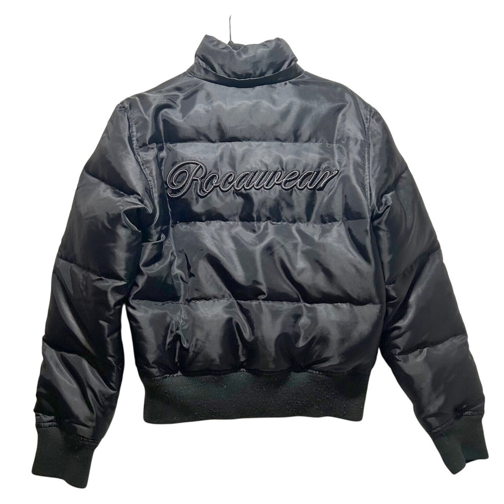 Y2K Vintage‎ ROCAWEAR Womens sz Medium Black Pink Down Cropped Puffer Jacket Zip